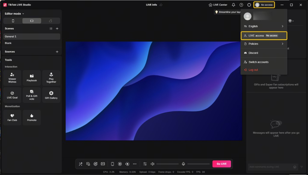 TikTok LIVE Studio interface showing where to open the LIVE access menu