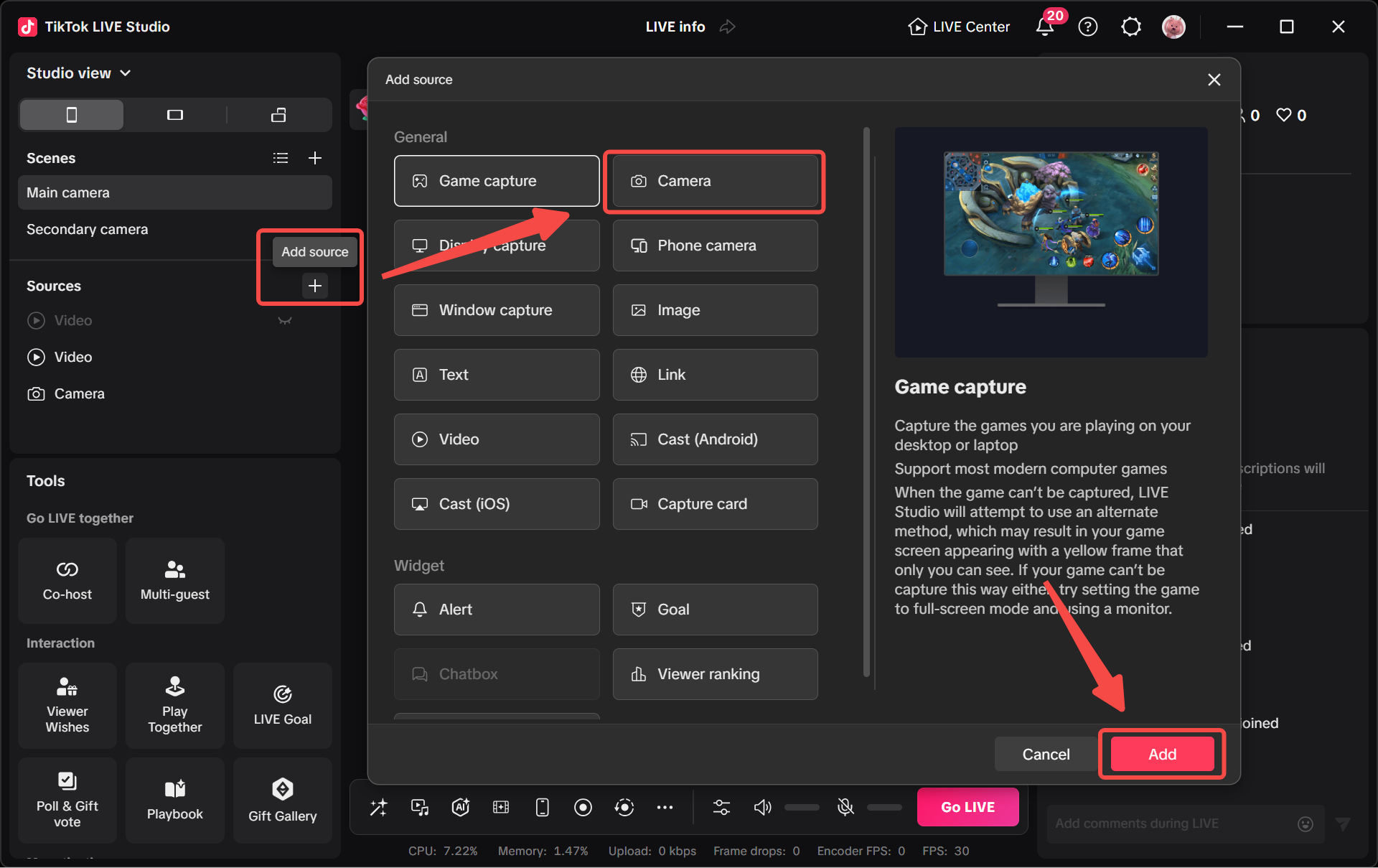 TikTok LIVE Studio Add-Source-Panel mit Kamera und anderen Quelltypen