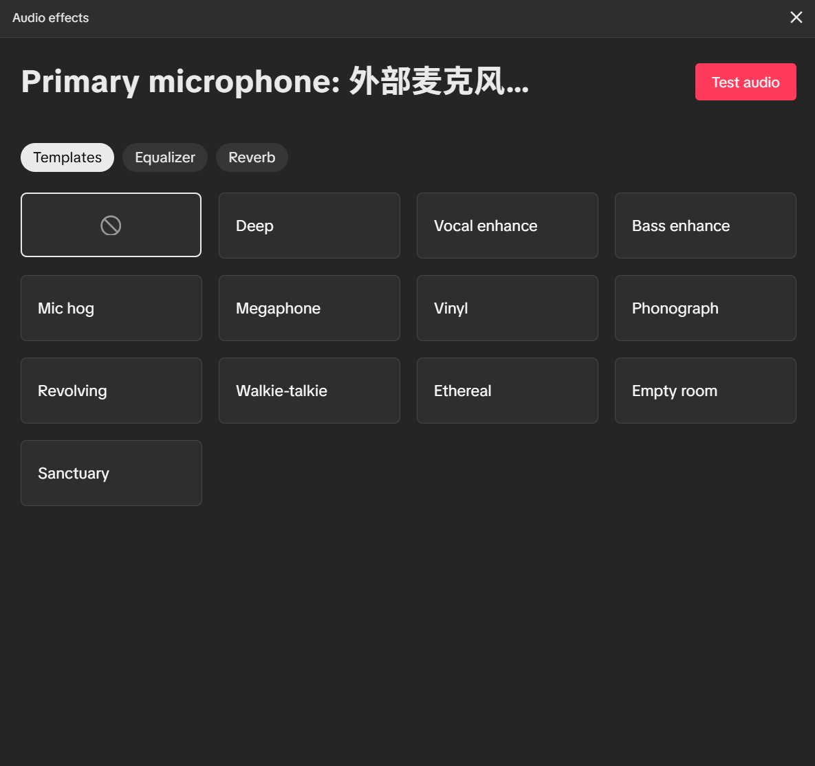TikTok LIVE Studio audio effects template panel for microphone processing