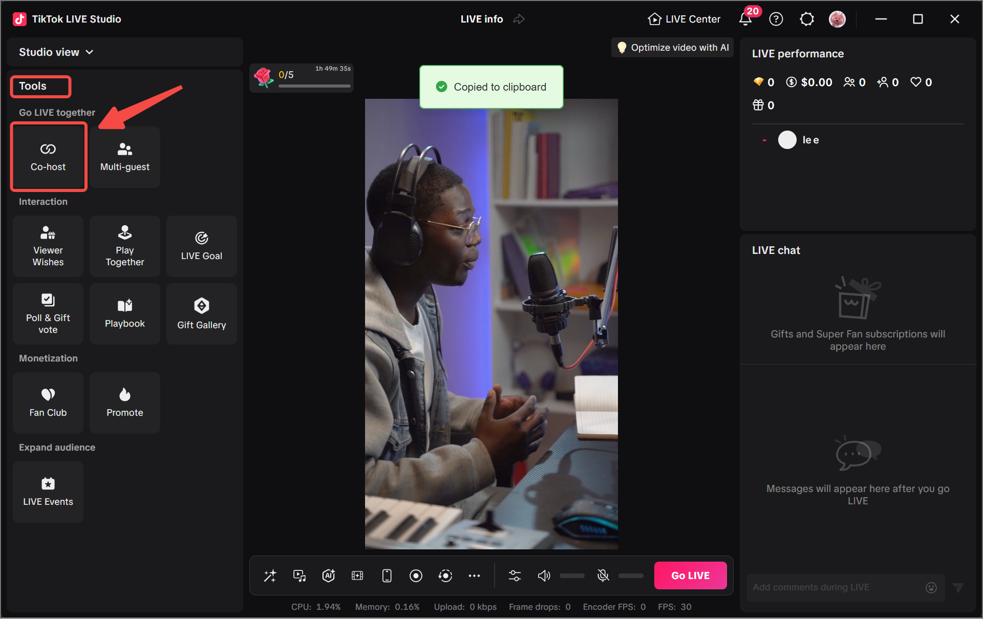 TikTok LIVE Studio Tools-Panel mit dem Co-host-Eintrag