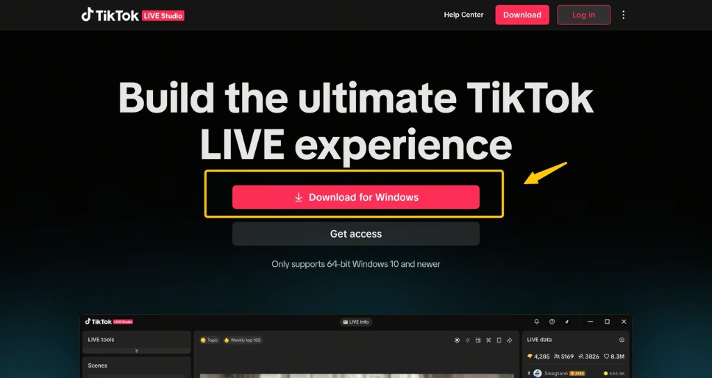 Masaüstü indirme düğmesini gösteren TikTok LIVE Studio indirme sayfası
