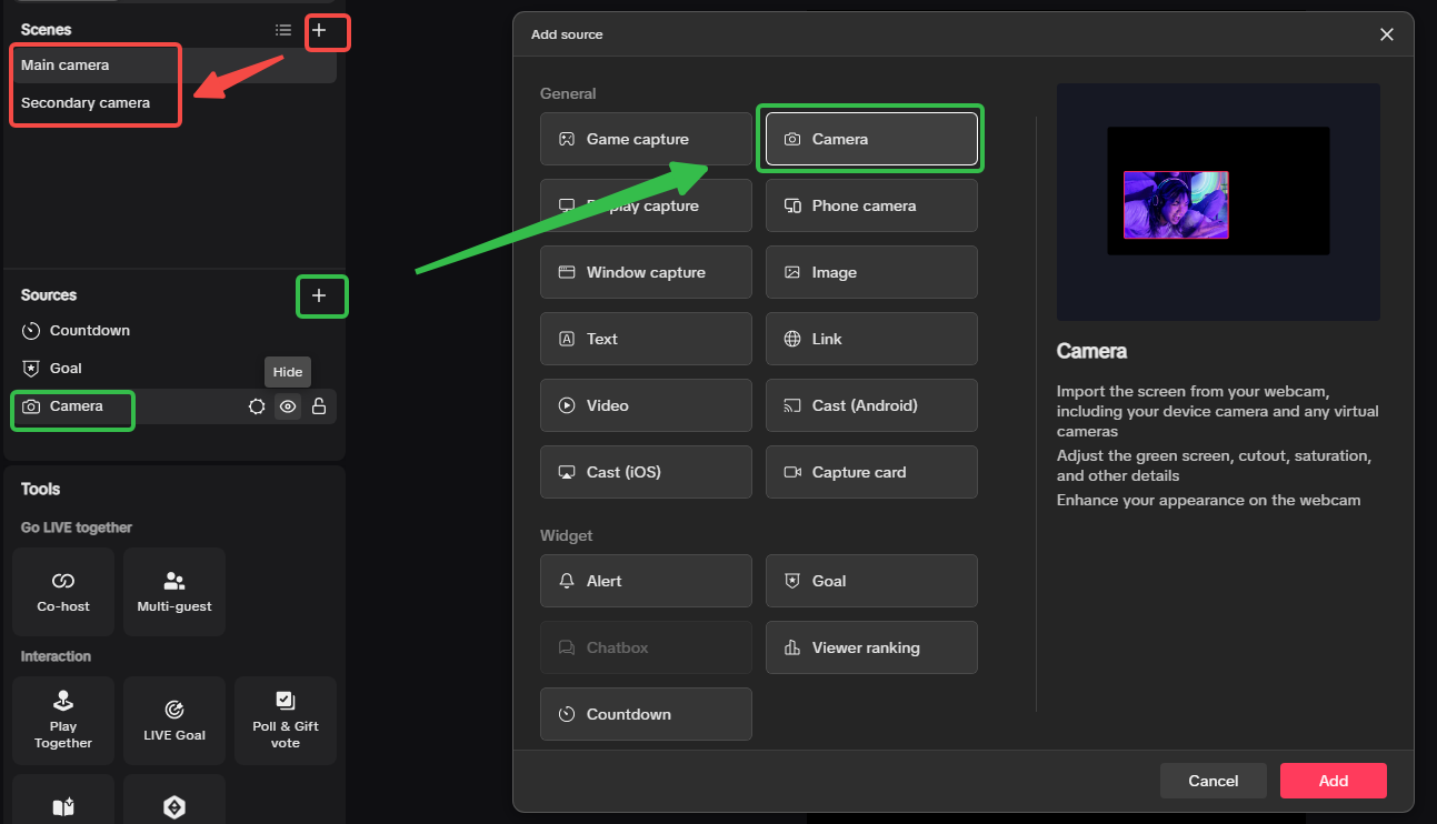 TikTok LIVE Studio Dual-Camera-Szenenaufbau mit separaten Szenen und Kamera-Quellen-Workflow