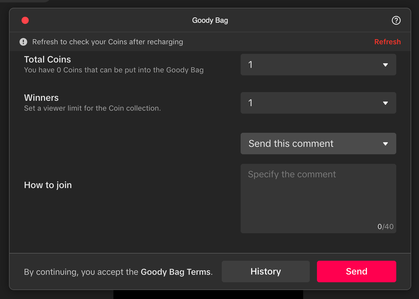 Panneau de configuration Goody Bag dans TikTok LIVE Studio