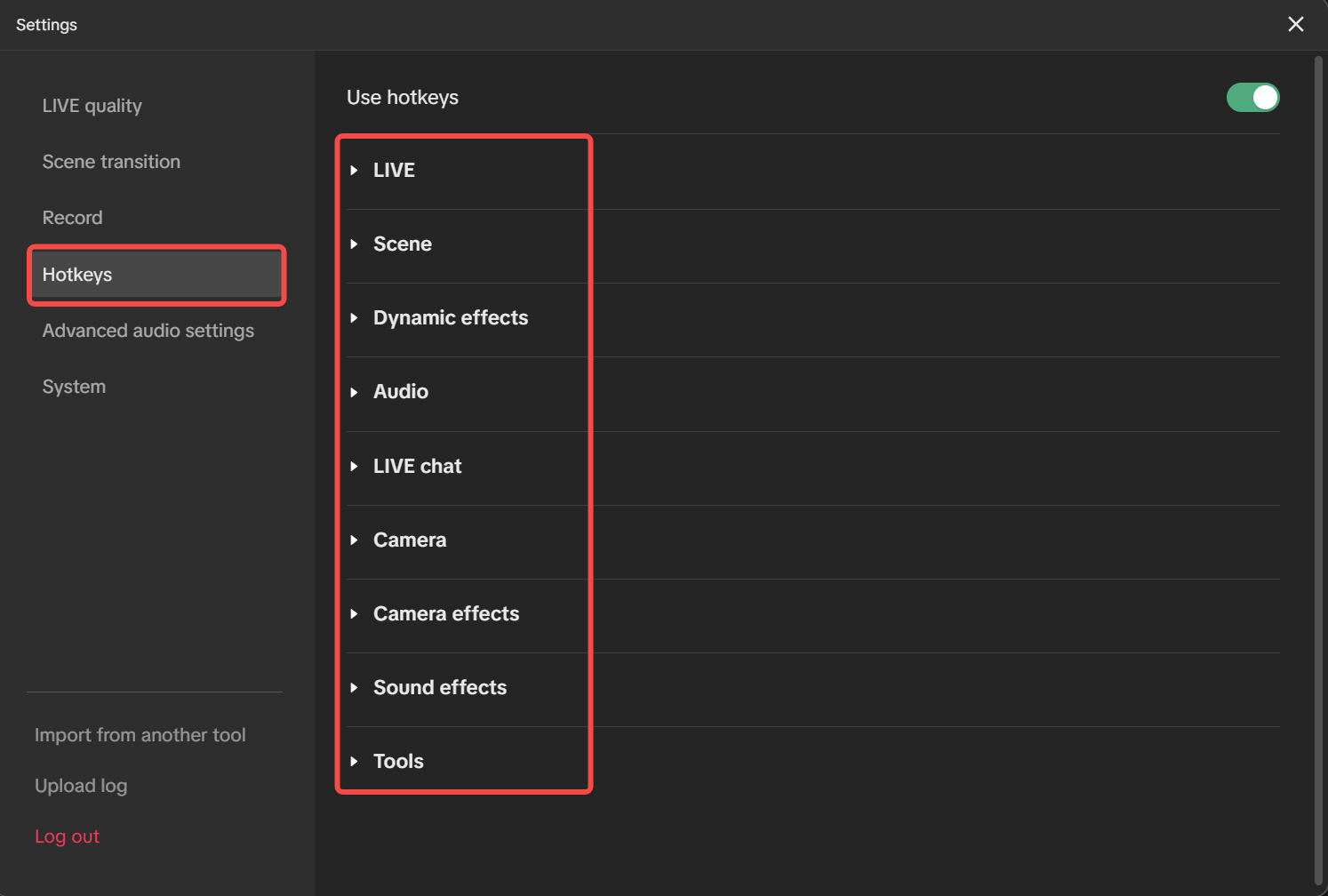 TikTok LIVE Studio Hotkey-Einstellungen mit Kategorien für LIVE, Szene, Audio und Tools