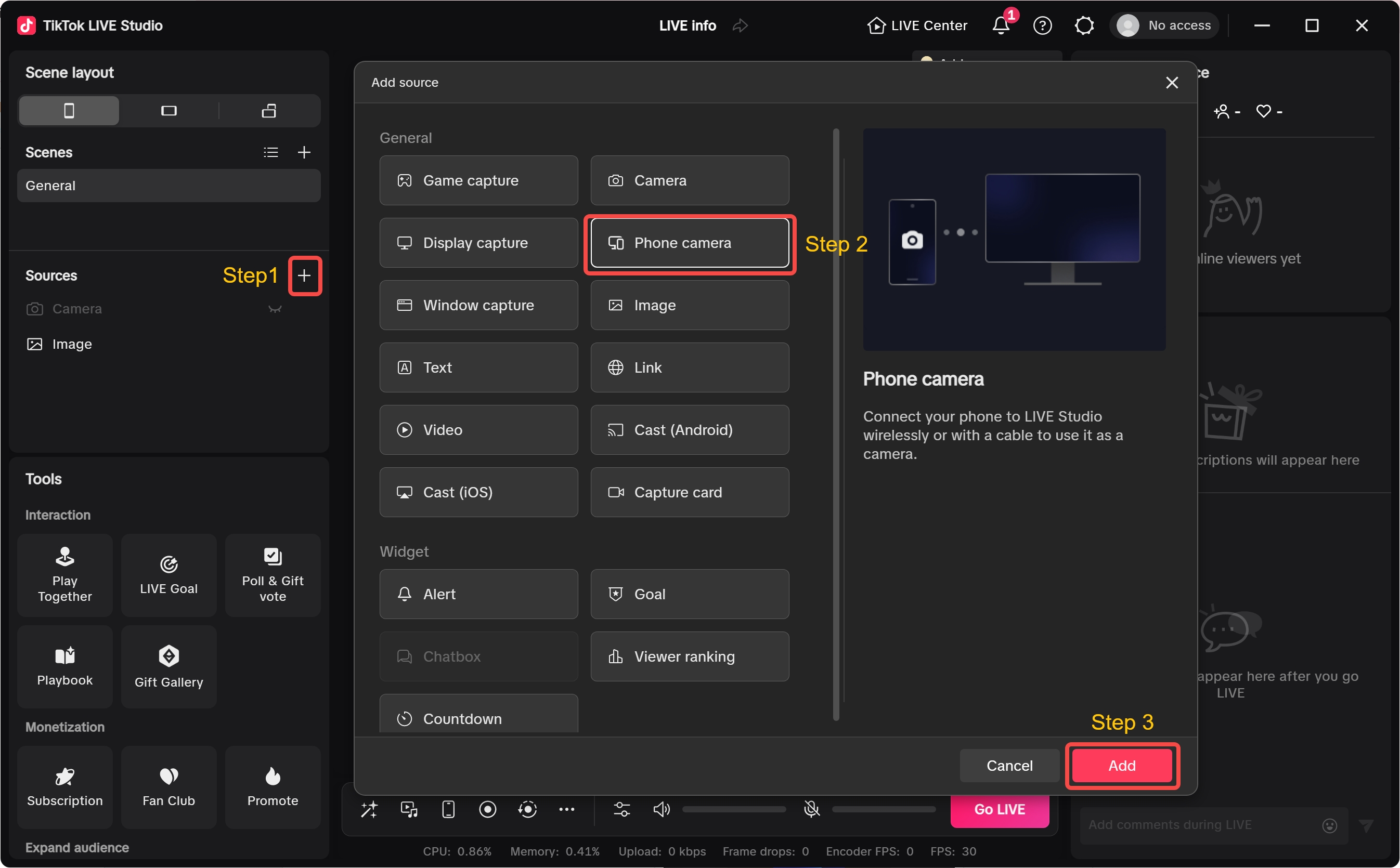 TikTok LIVE Studio Add-Source-Panel mit hervorgehobener Phone Camera-Option
